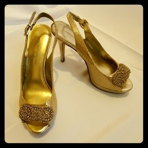 Gold snakeskin leather slingback peeptoe pump